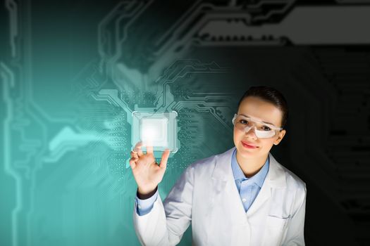 Image of young woman scientist touching icon of media screen