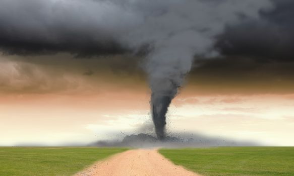 Image of powerful huge tornado twisting in meadow