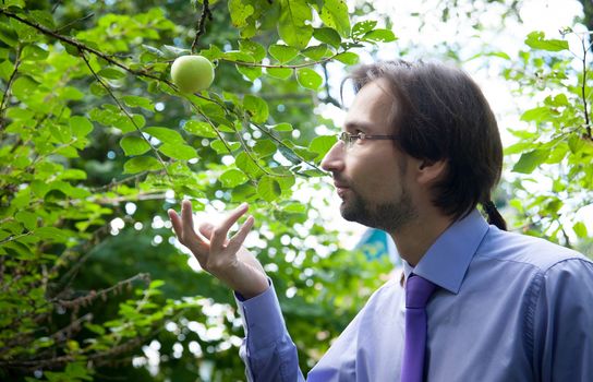 business man in a tie standing under an apple