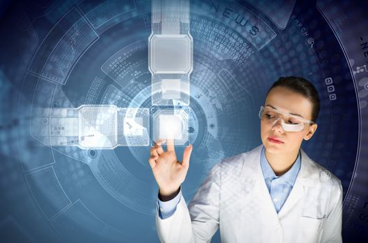 Image of young woman scientist touching icon of media screen