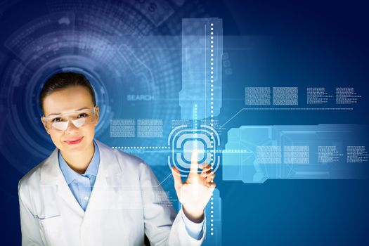 Image of young woman scientist touching icon of media screen