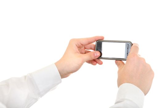 Person Take a Picture with a Cellphone Isolated on the White Background