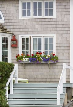 The entrance to this home is very friendly looking with the planter full of bright flowers.