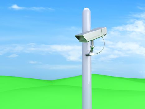 A CCTV surveillance cam on green hills. 3D rendered Illustration.  