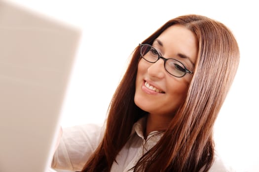 Cheerful business woman working on a Laptop.