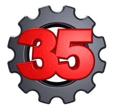 number thirty five and gear wheel on white background - 3d illustration