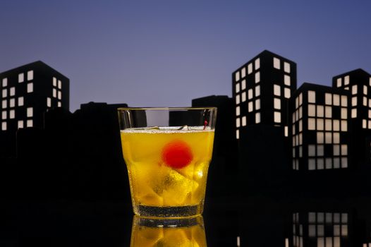 Skrew Driver cocktail in city skyline setting