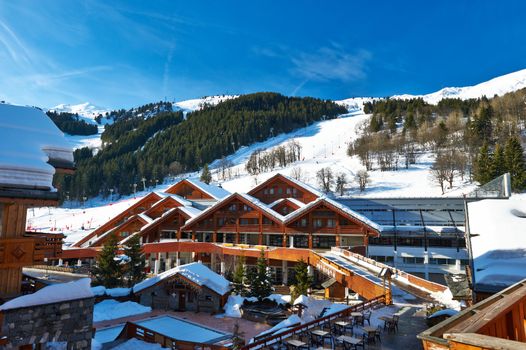 Mountain ski resort with snow in winter, Meribel, Alps, France