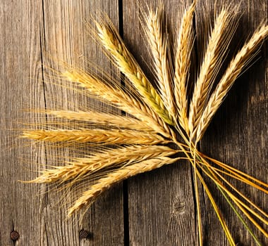 Rye spikelets on wooden background