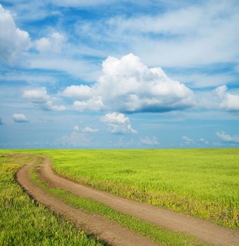 rural road in green grass under low clouds