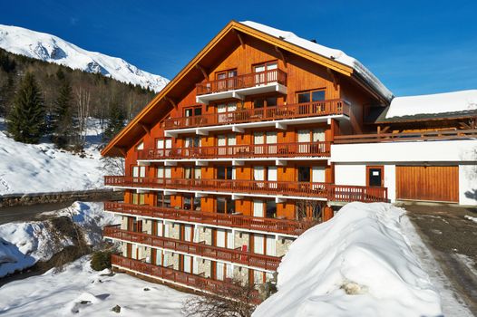 Mountain ski resort with snow in winter, Meribel, Alps, France