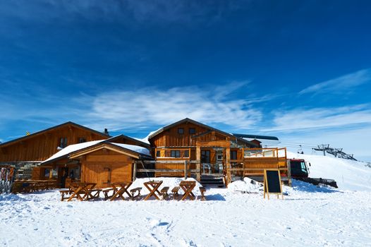 Mountain ski resort with snow in winter, Courchevel, Alps, France