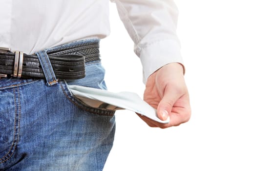 Man in Jeans shows his Empty Pocket Closeup Isolated on the White Background