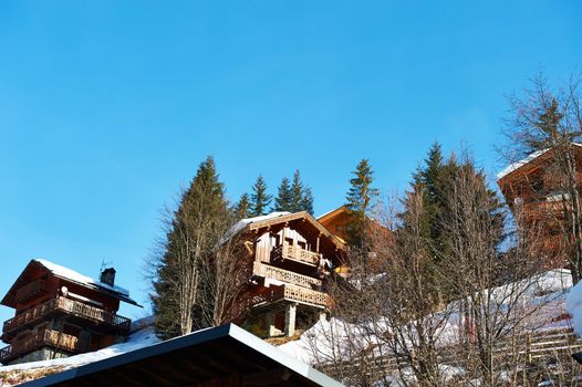 Mountain ski resort with snow in winter, Meribel, Alps, France