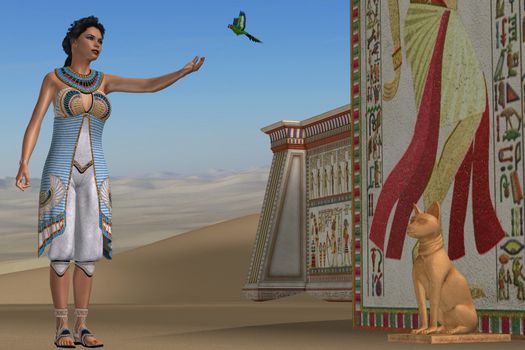 Amunet, an Egyptian queen, plays with her green parrot in ancient Egypt.
