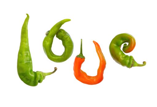 Collage - Love of chili peppers isolated object on a white background