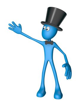blue guy with topper and bow shows something - 3d illustration