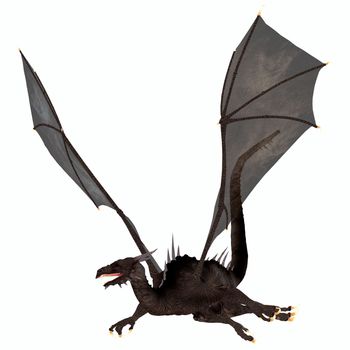 A creature of myth and fantasy the dragon is a fierce flying monster with horns and large teeth.