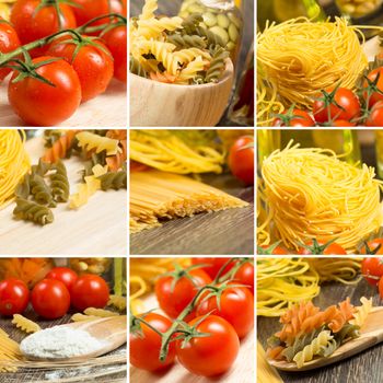 pasta and cherry tomatoes, collage from several images