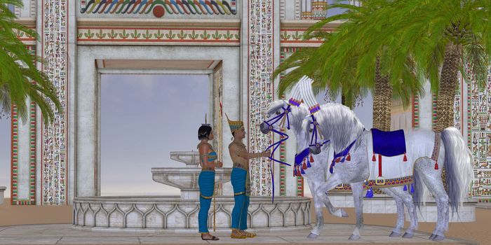 An Egyptian Pharaoh takes pleasure in his Arabian horses in the courtyard of his palace.