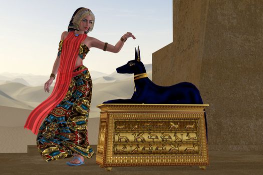 An Egyptian queen reaches out to touch the very honored god Anubis in the Old Kingdom of Egypt.