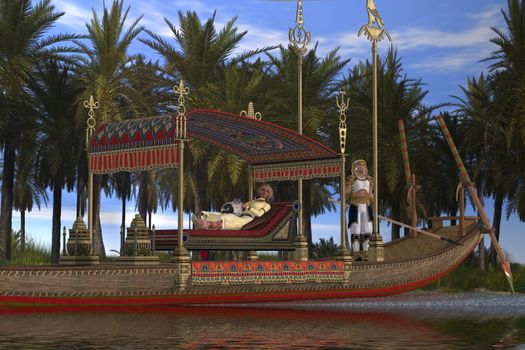 An Egytpian king and queen wait for servants to take them down the Nile River on a sacred barge.