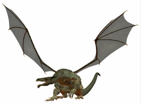 A creature of myth and fantasy the dragon is a fierce flying monster with horns and large teeth.