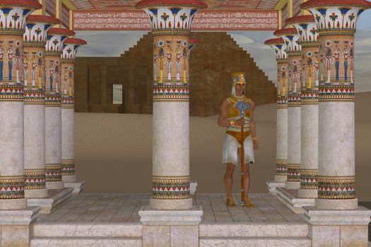 A royal servant guards a palace near one of the pyramids in ancient Egypt.