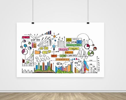 Hanging banner with business plan, graphics and diagrams