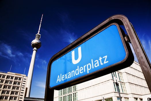 U-bahn Alexanderplatz sign and Television tower, German Fernsehturm. Berlin, Germany