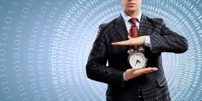 Image of businessman holding alarmclock against illustration background