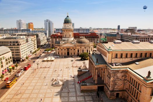 Gendarmenmarkt and German Cathedral from the top of French Cathedral, Berlin, Germany. Vertical view