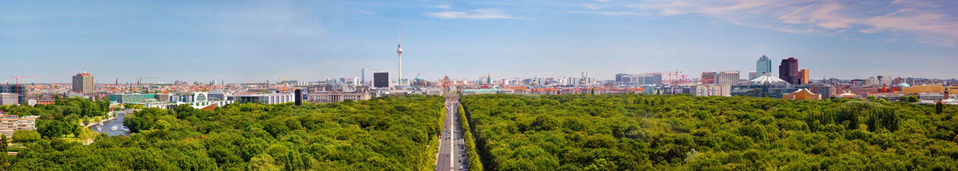Berlin panorama. Top view on Television Tower, Berlin Catherdral, Brandenburg Gate and Reichstag. View from the Victory Column