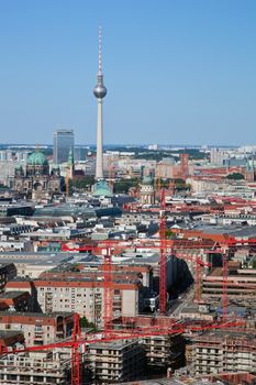 Berlin panorama. Top view on Television Tower, Berlin Cathedral - German Berliner Dom. Vertical