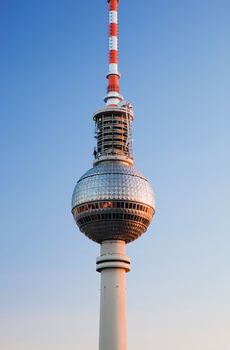 Tv tower or Fersehturm in Berlin, Germany at sunset. Close up