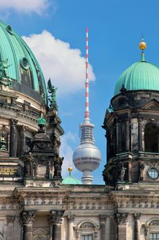 Berlin Catherdral and Television Tower in Berlin, Germany. German Berliner Dom and Fernsehturm