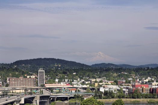 Portland Oregon Downtown with Mount Hood and Willamette River View