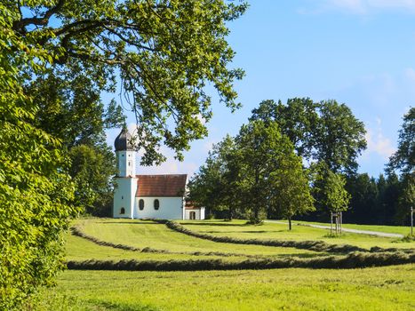 Typical chapel on grean meadow with trees and mountains in Bavarian alps