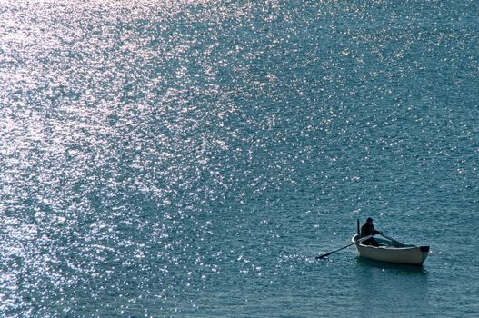 fisherman rowing along the gosta of Liguria