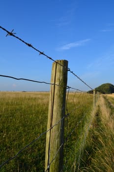 English field surrounded by a barbed wire fence.