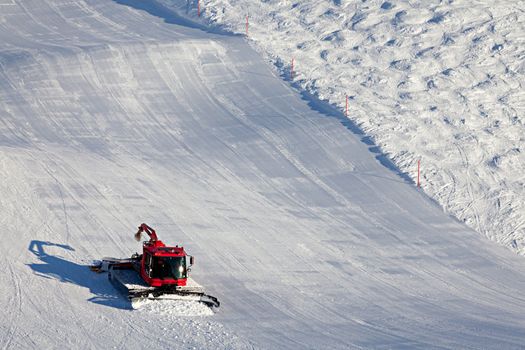 Ski slopes maintenance on the mountains in the Swiss Alps.