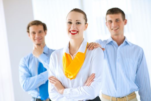 young successful business woman receiving congratulations from his colleagues