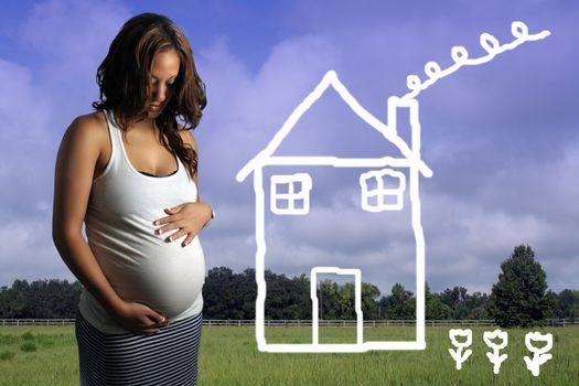 A lovely young multiracial woman, eight months pregnant, standing in a field with an imaginary house drawn in white like a child would draw it.