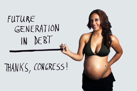 A lovely young multiracial woman, eight months pregnant, holds a heavy marker, illustrating the indebtedness of her unborn child due to the acts of congress.