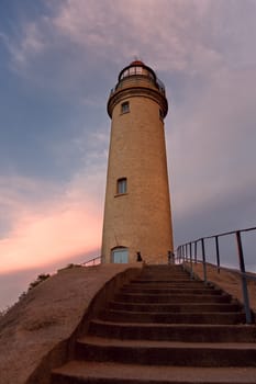  view of lighthouse and staircas against sunset, Mamalipuram, India