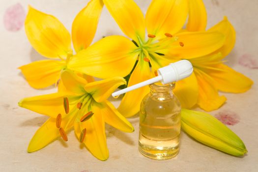 bottles of aromatic oil 
and lily flower
