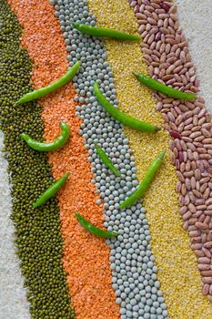 colorful striped rows of dry beans, legumes, peas, lentils 
