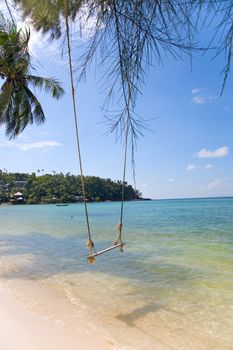 View of tropical beach with  Old  Swing Tied to anTree in Koh Panangan