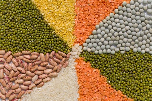 Colorful mix from different beans, legumes, peas, lentils 