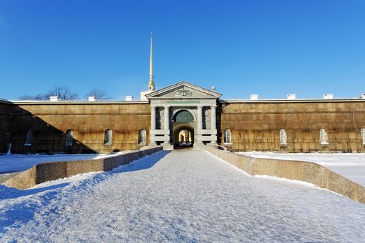 Granite boundary wall of Peter and Paul Fortress in St Petersburg, Russia.